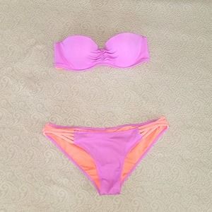 VS 34B Lavendar & Coral Bikini Dwim Suit Set Underwire Slight Push Up, Strapless